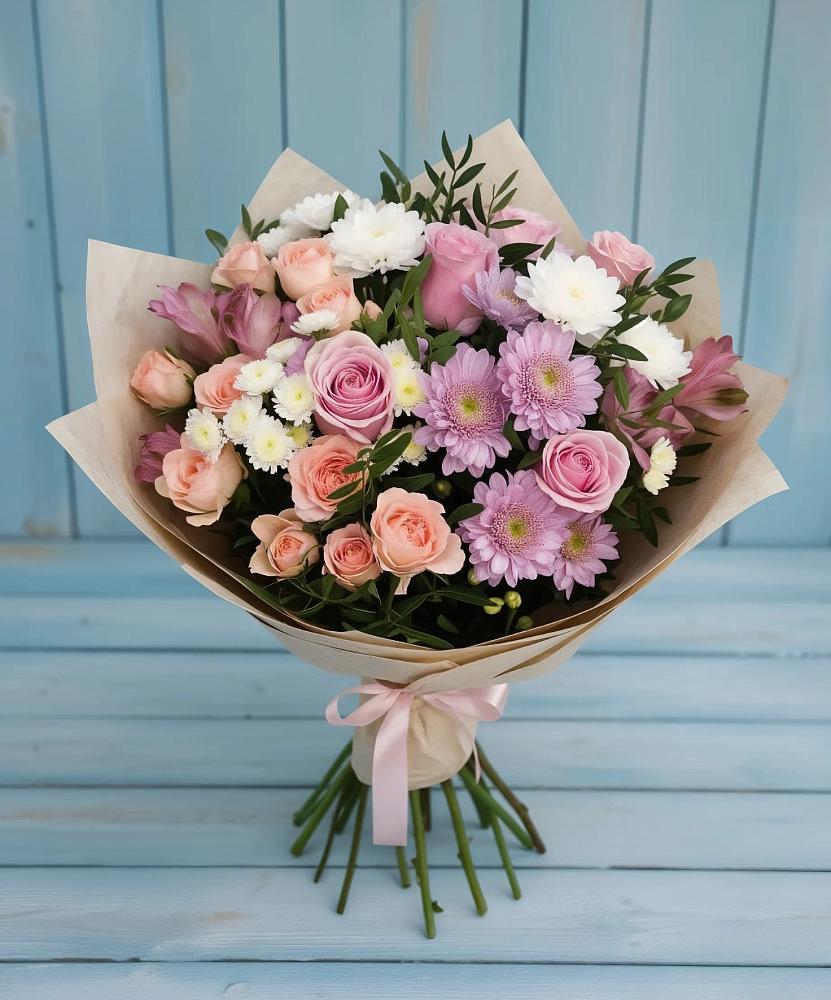 Букет цветов из: Хризантемы, Розы и Альстромерии в Ходзь