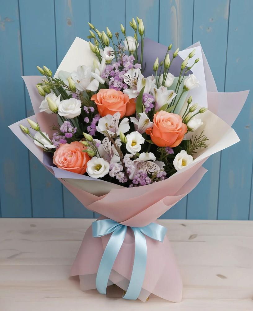 Букет цветов из: Лизиантусы, Розы, Альстромерии и Гипсофила в Ходзь