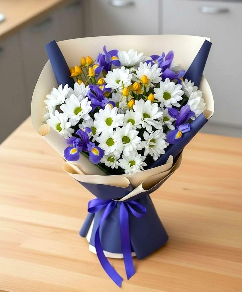 Букет цветов из: Розы, Ирисы и Хризантемы в Ходзь